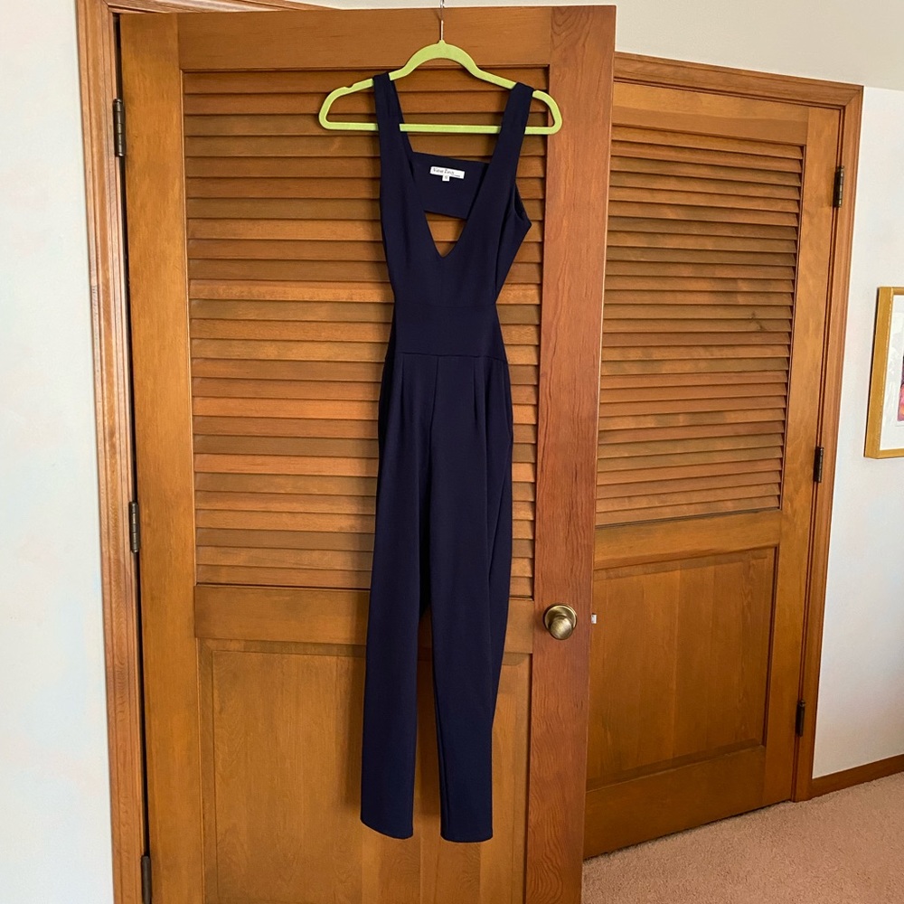 Velvet Torch Navy Jumpsuit, Size Small, Open Back with Pockets